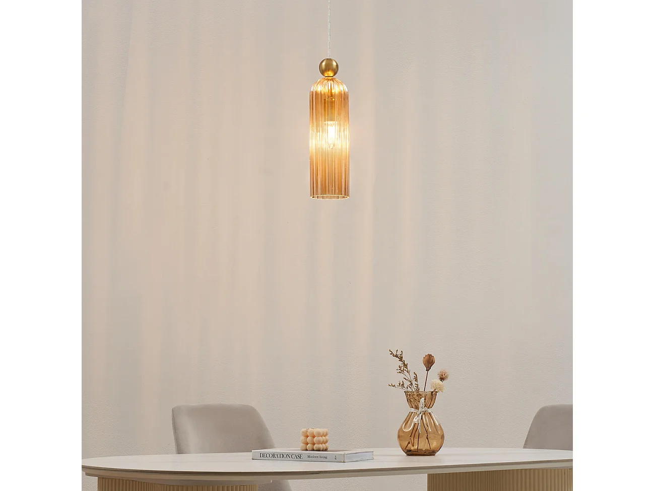 Suspension dorée verre ambré et cannelé - Leonora