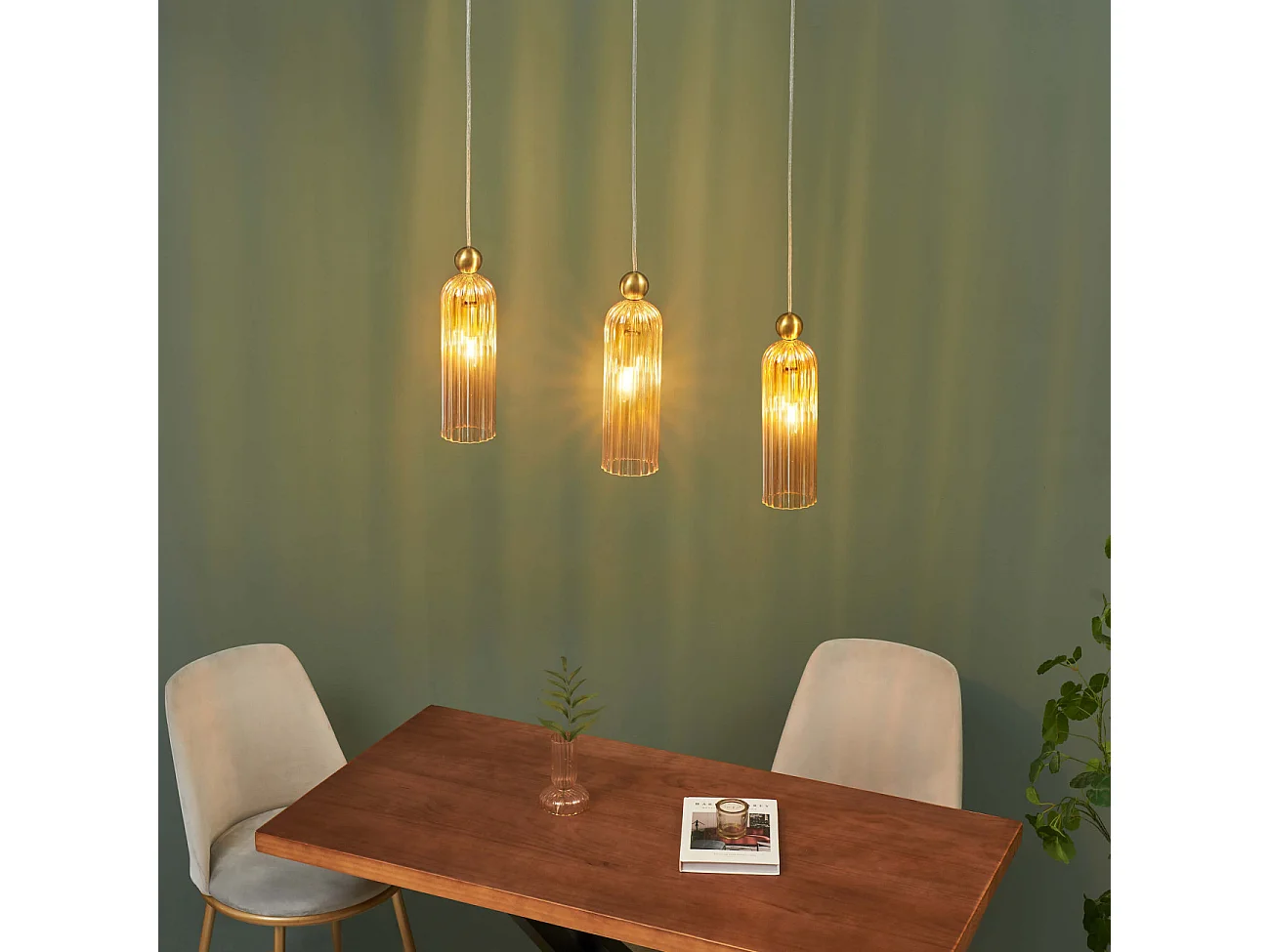 Suspension dorée verre ambré et cannelé - Leonora