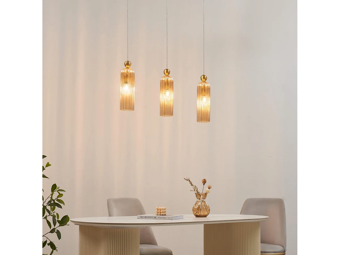 Suspension dorée verre ambré et cannelé - Leonora