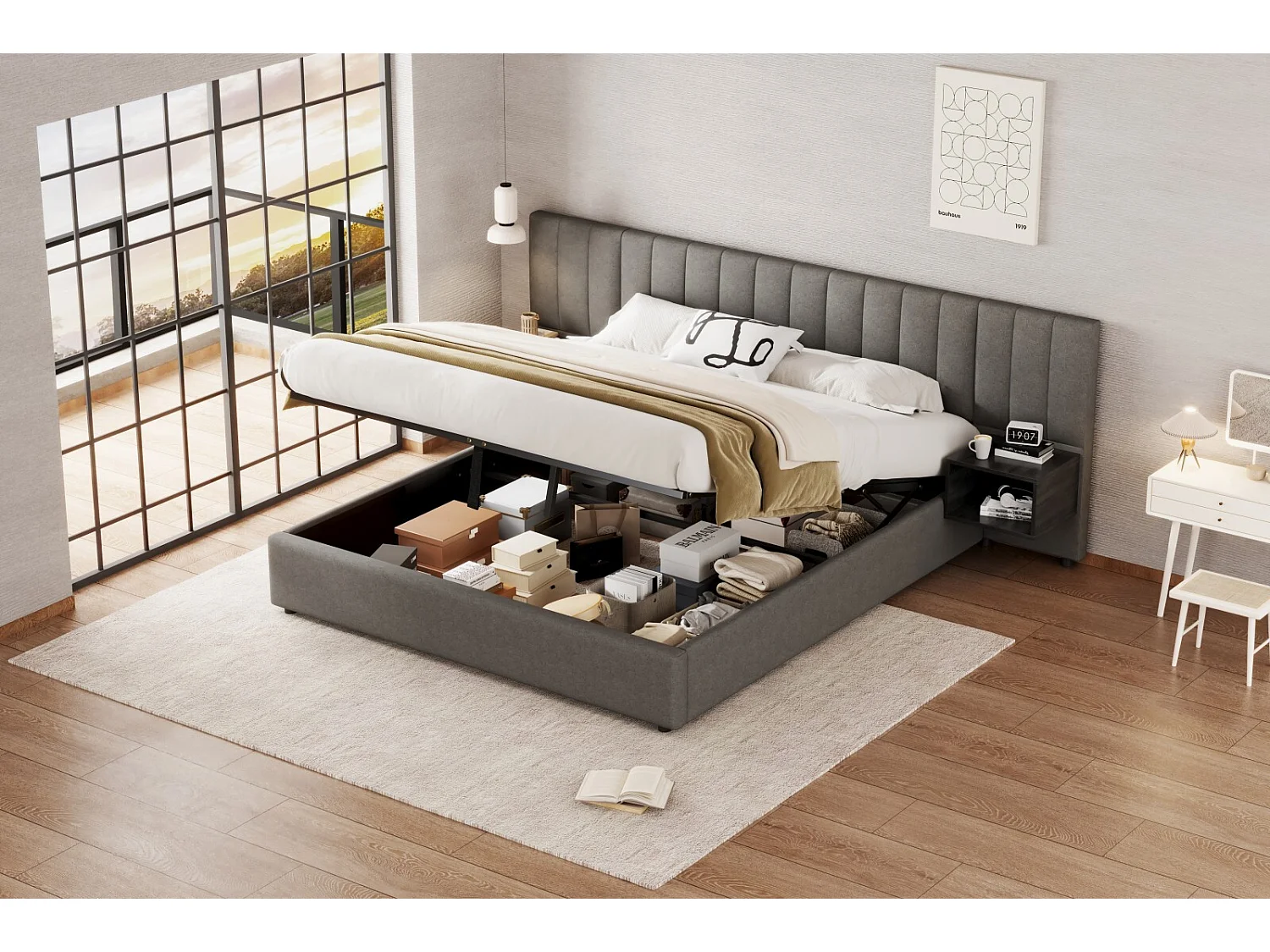 Letto di bara 180x200 cm, in tessuto di lino, con 13 doghe e 2 comodini, grigio