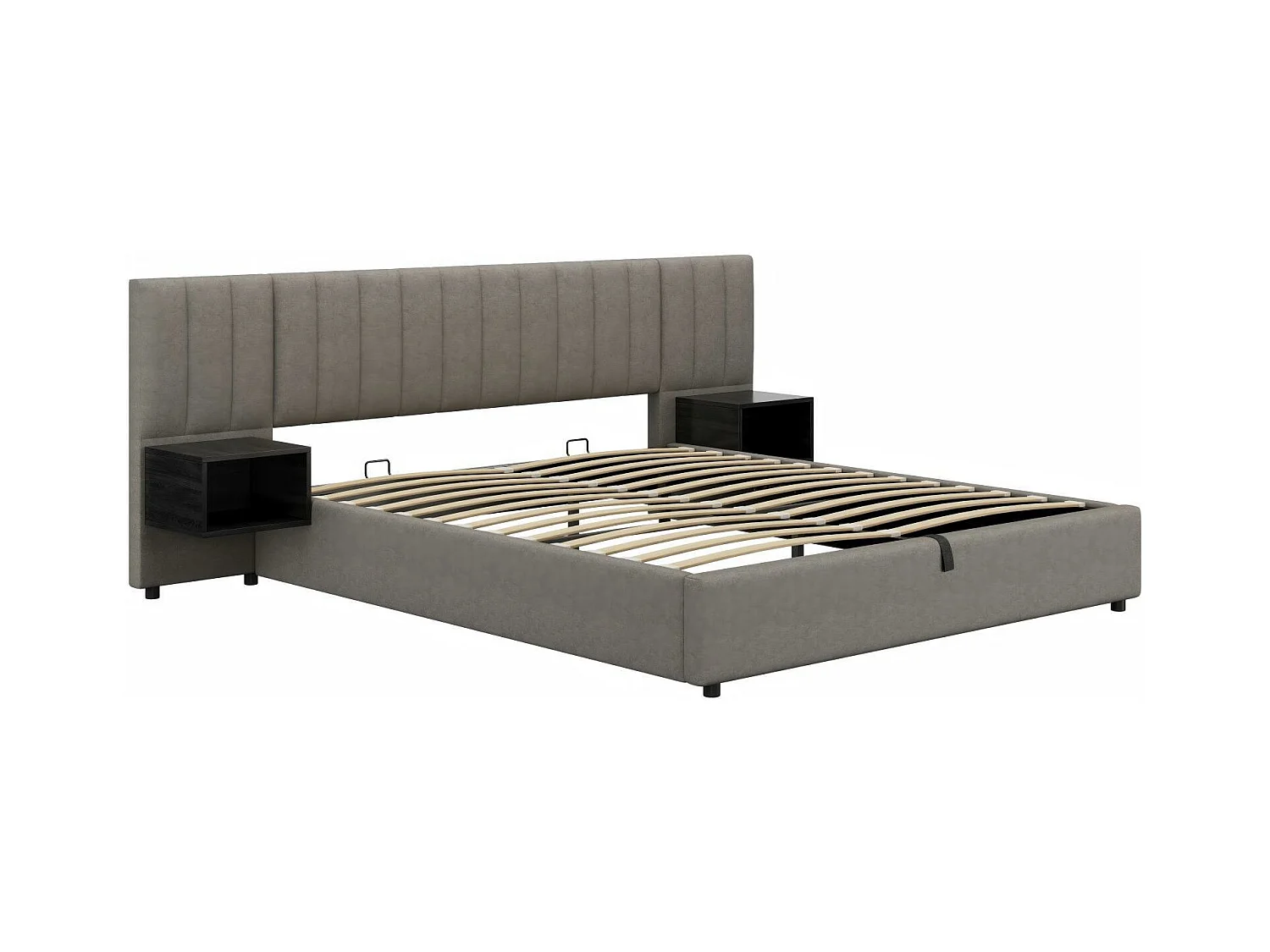 Lit coffer 180x200cm, en tissu lin, avec sommier à 13 lattes et 2 tables de chevet, Gris