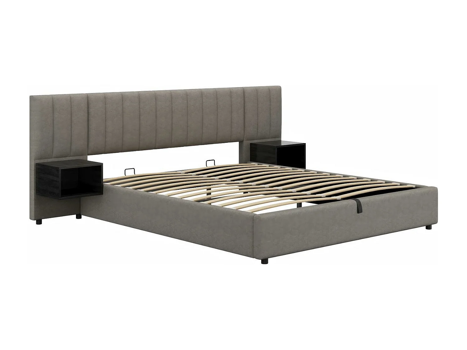 Lit coffer 180x200cm, en tissu lin, avec sommier à 13 lattes et 2 tables de chevet, Gris