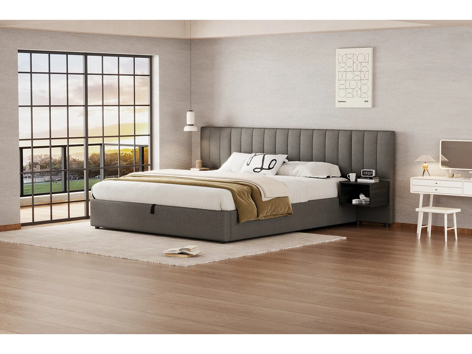 Lit coffer 180x200cm, en tissu lin, avec sommier à 13 lattes et 2 tables de chevet, Gris