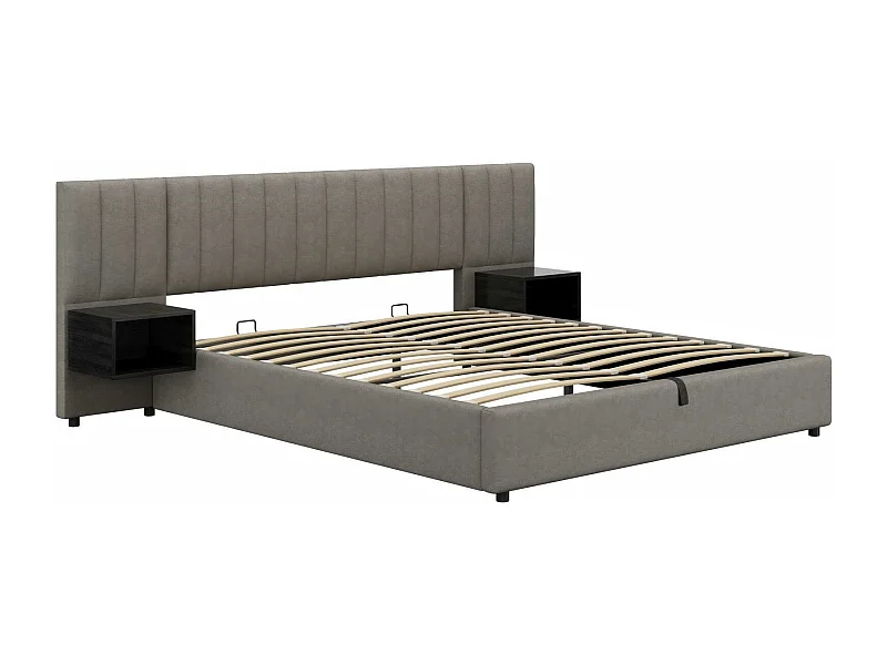 Lit coffer 180x200cm, en tissu lin, avec sommier à 13 lattes et 2 tables de chevet, Gris