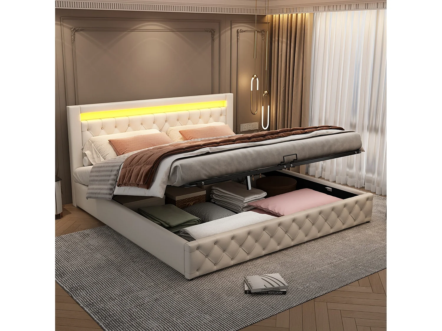 Letti di bara con LED da 180x200 cm, tessuto PU, con 12 lale telaio, carico massimo di 220 kg, bianco