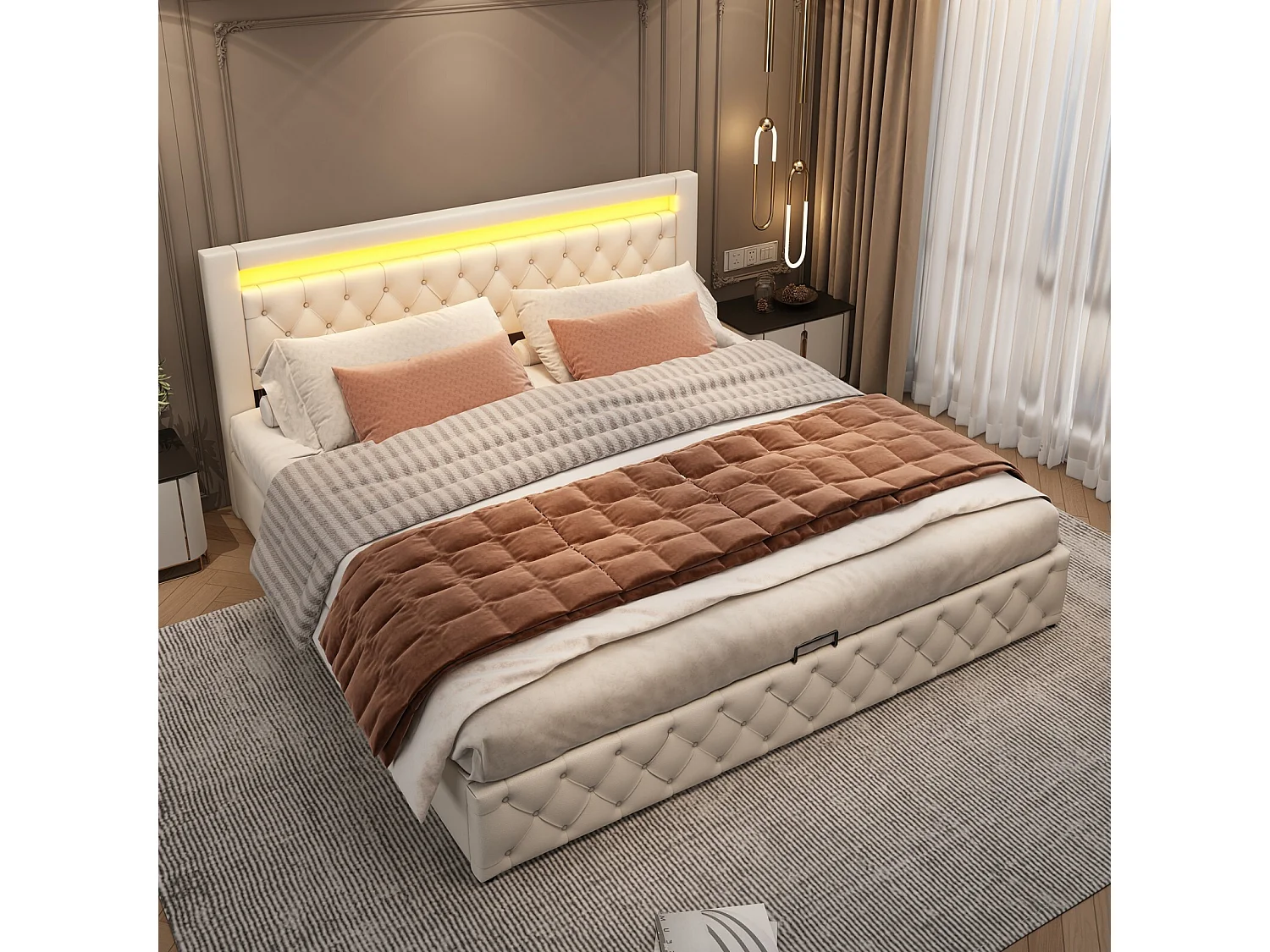 Opbergbed met LED 180x200cm, PU stof, met 12 latten frame, max. belasting 220kg, Wit