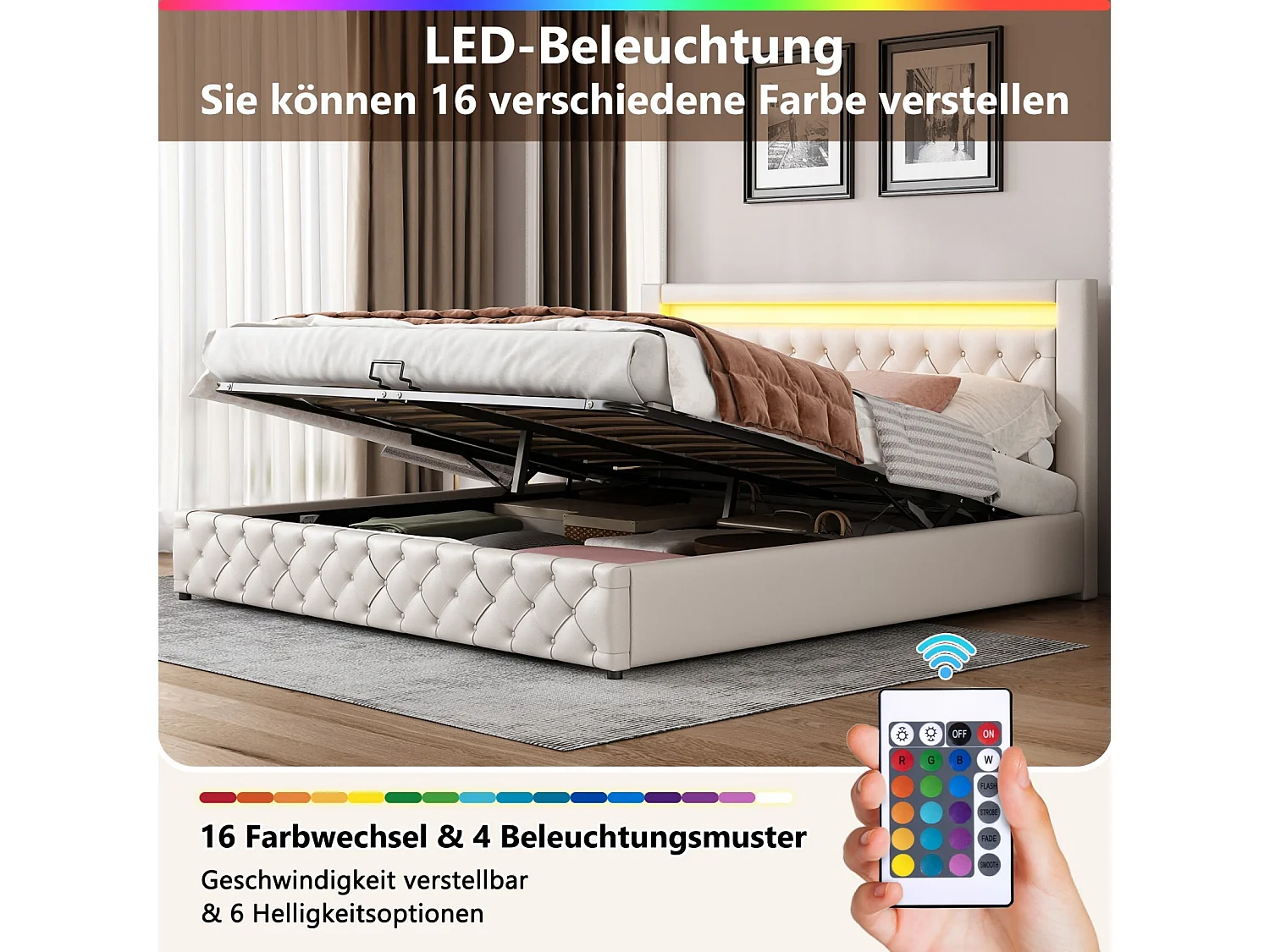 Opbergbed met LED 180x200cm, PU stof, met 12 latten frame, max. belasting 220kg, Wit