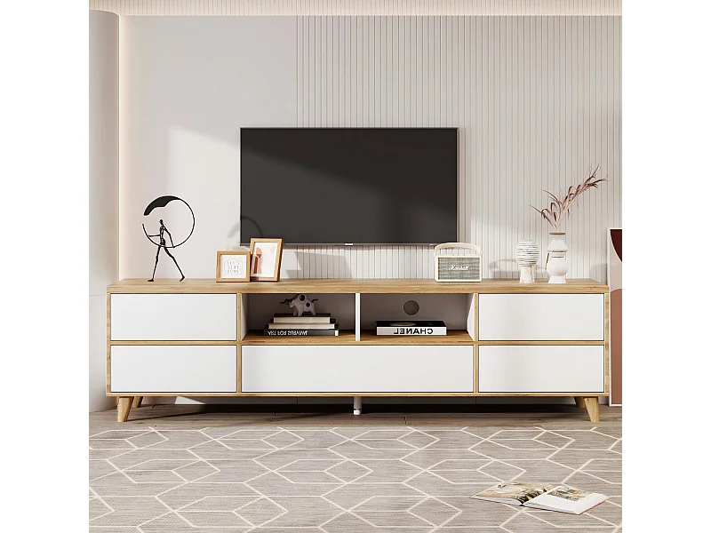 Abbazzinamento TV a 5 o 8 nicchia, piedi in legno massiccio, 175x37x51 cm, bianco e naturale