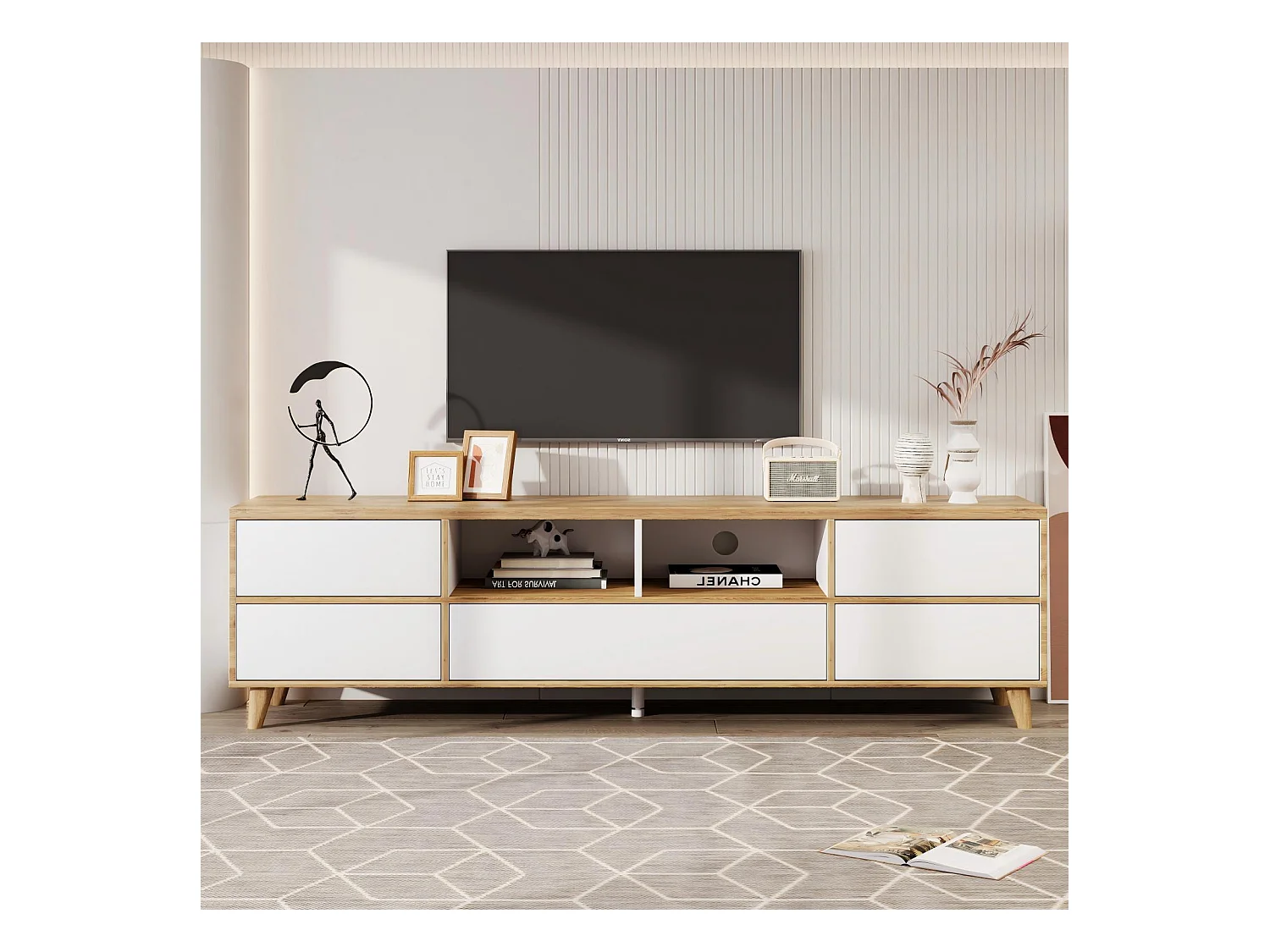 Meuble TV 5 portes et 8 niche, pieds en bois solides, 175x37x51cm, Blanc et naturel