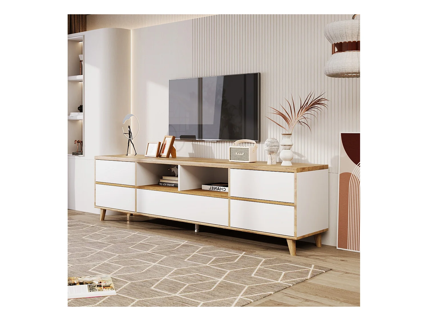 Meuble TV 5 portes et 8 niche, pieds en bois solides, 175x37x51cm, Blanc et naturel