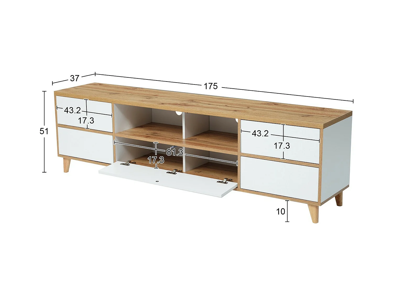 Meuble TV 5 portes et 8 niche, pieds en bois solides, 175x37x51cm, Blanc et naturel