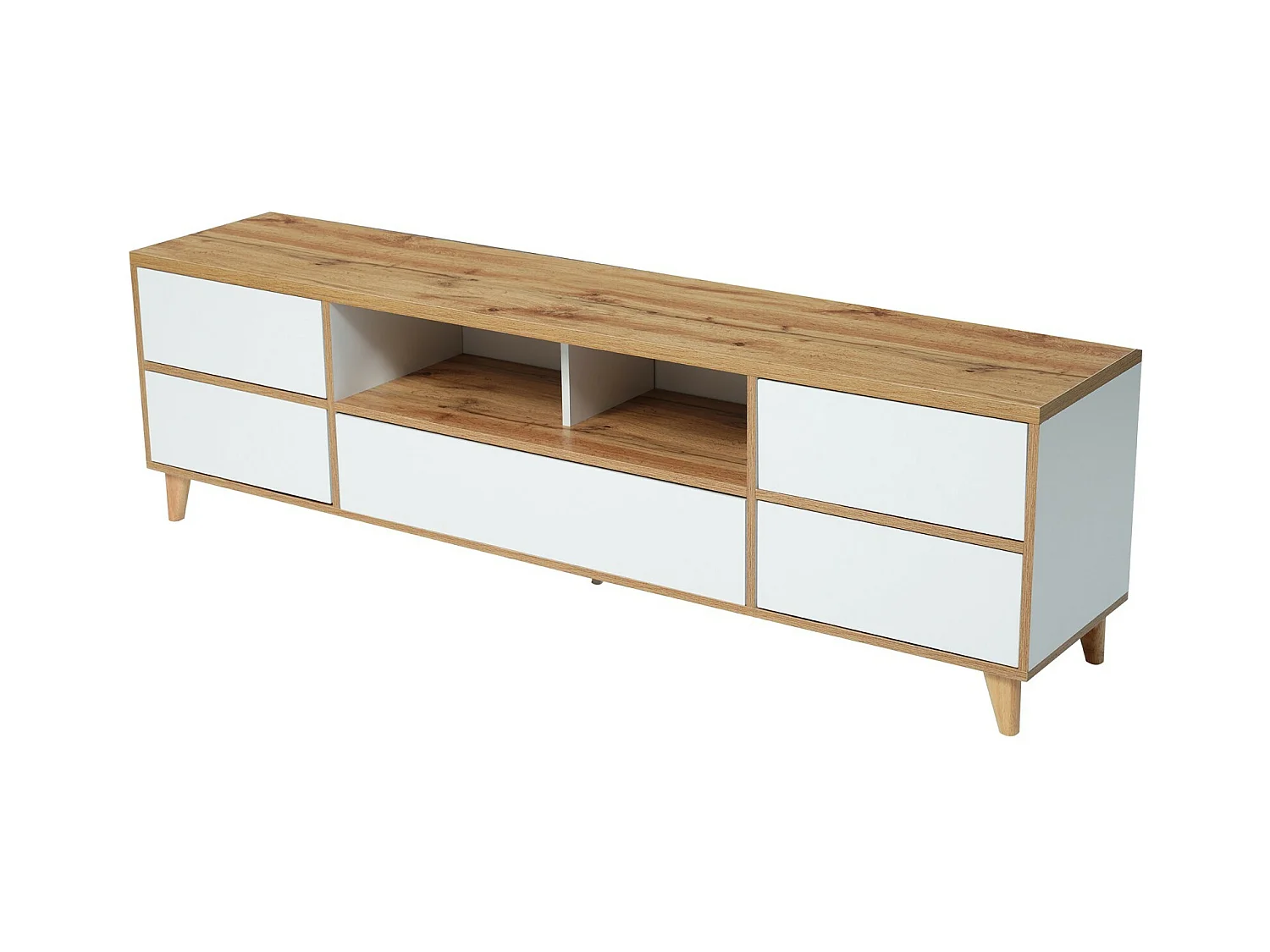 Meuble TV 5 portes et 8 niche, pieds en bois solides, 175x37x51cm, Blanc et naturel