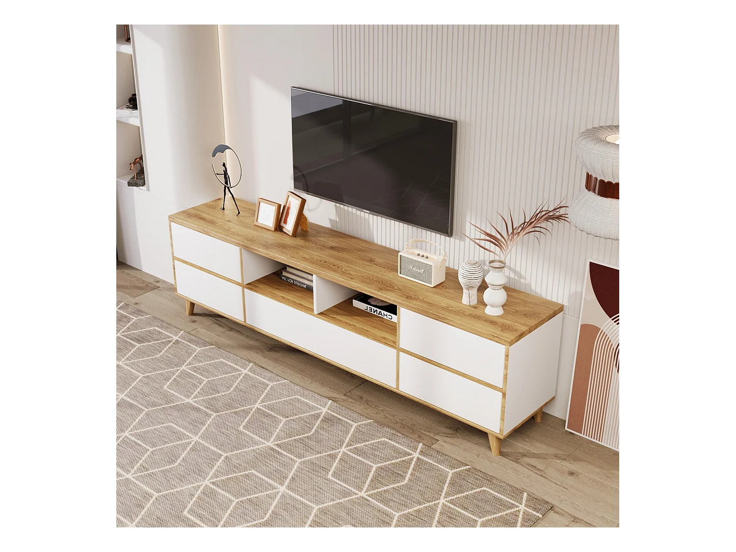 Meuble TV 5 portes et 8 niche, pieds en bois solides, 175x37x51cm, Blanc et naturel
