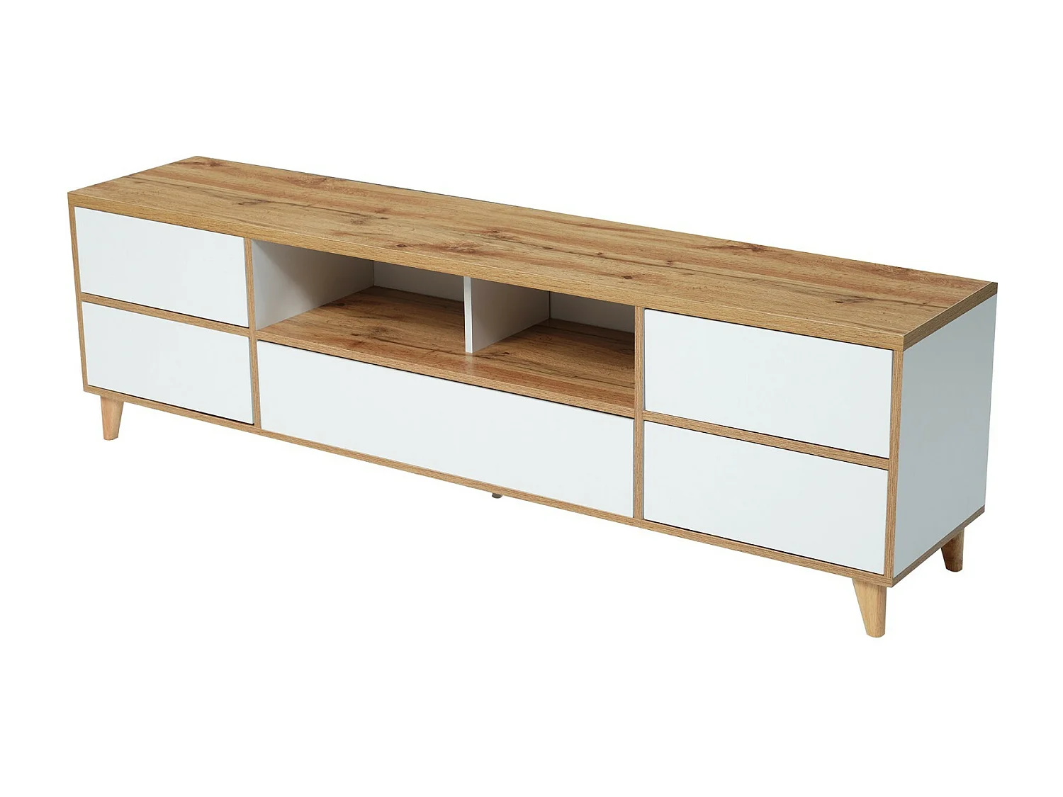 Meuble TV 5 portes et 8 niche, pieds en bois solides, 175x37x51cm, Blanc et naturel