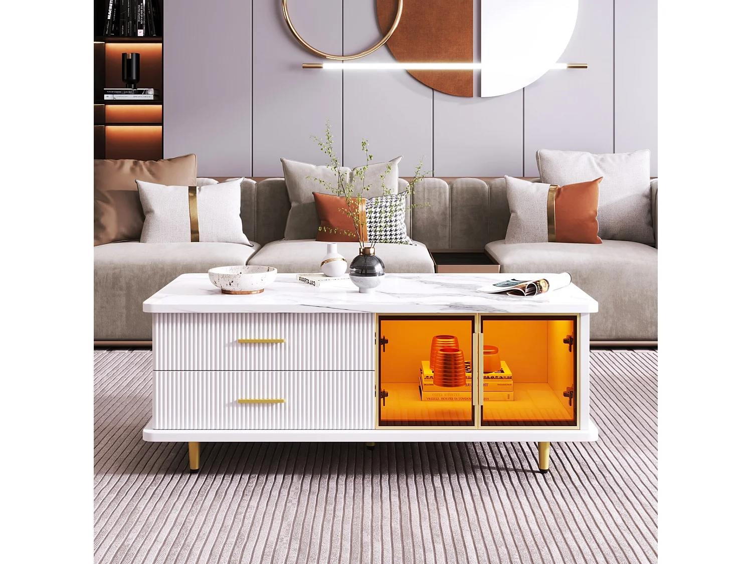 Set Salontafel + TV meubel met LED 4 laden en 1 nis, tafelblad met marmer structuur