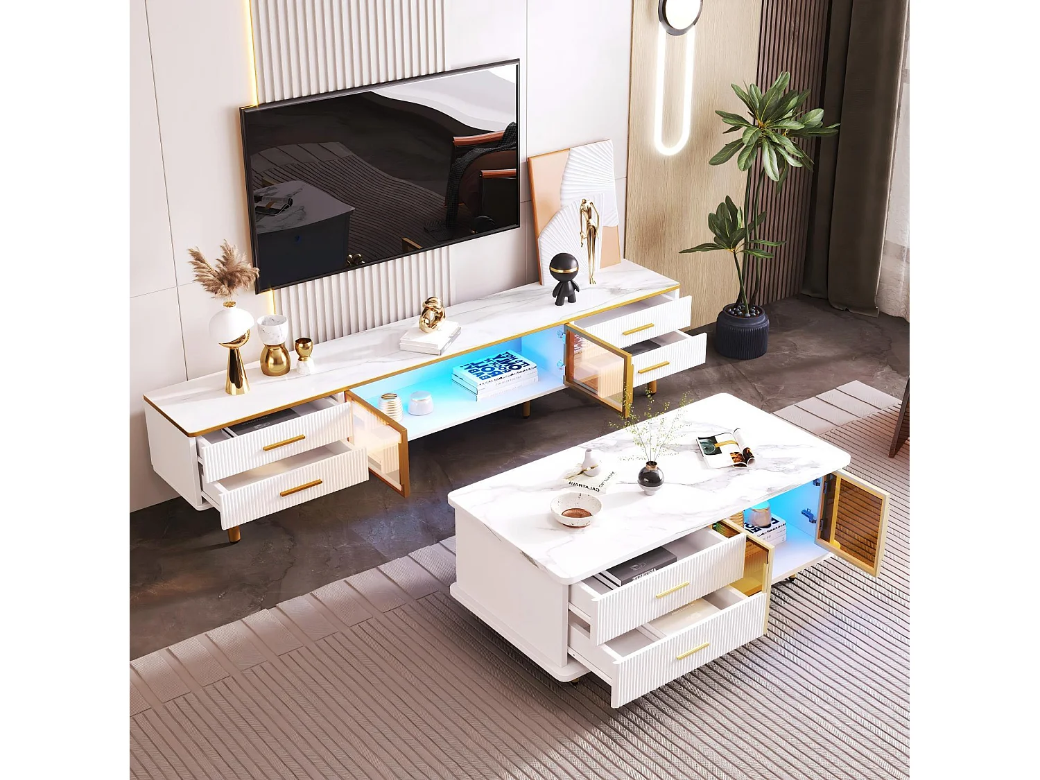 Ensemble Table basse + Meuble TV avec LED 4 tiroirs et 1 niches, plateau de table avec structure en marbre