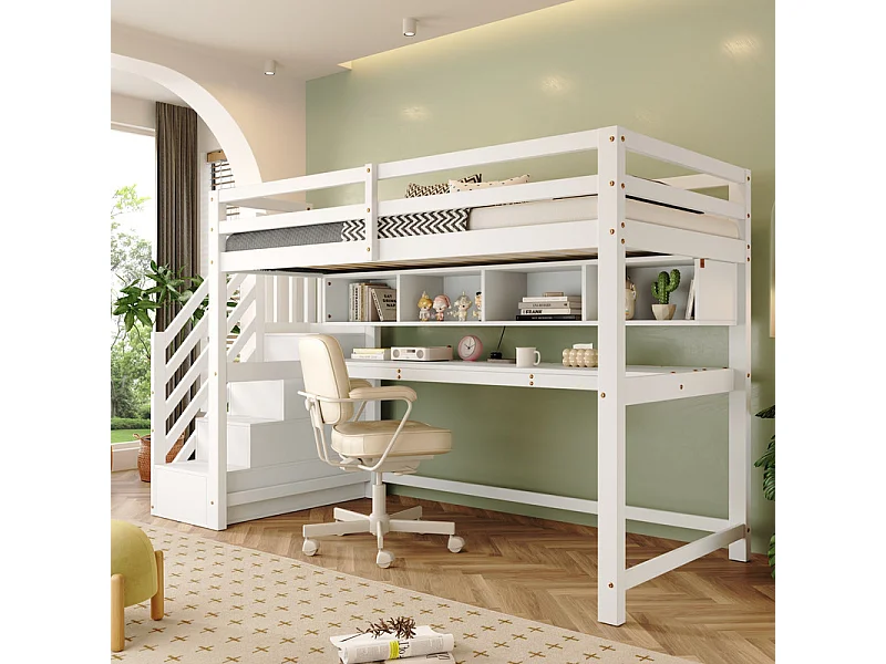 Lit mezzanine 90x200cm, avec burea et escalier de rangement, en bois de pin, charge max 100kg, Blanc