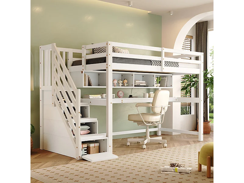 Lit mezzanine 90x200cm, avec burea et escalier de rangement, en bois de pin, charge max 100kg, Blanc