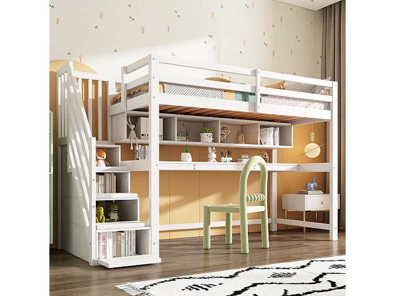 Lit mezzanine 90x200cm, avec burea et escalier de rangement, en bois de pin, charge max 100kg, Blanc