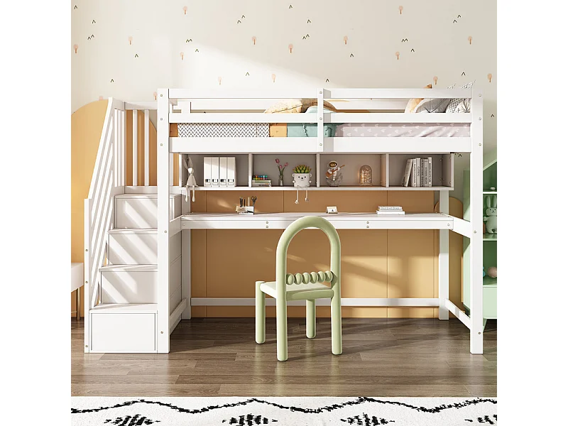 Lit mezzanine 90x200cm, avec burea et escalier de rangement, en bois de pin, charge max 100kg, Blanc