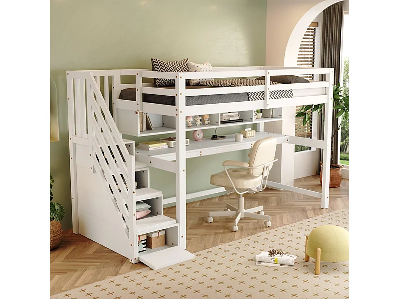 Lit mezzanine 90x200cm, avec burea et escalier de rangement, en bois de pin, charge max 100kg, Blanc