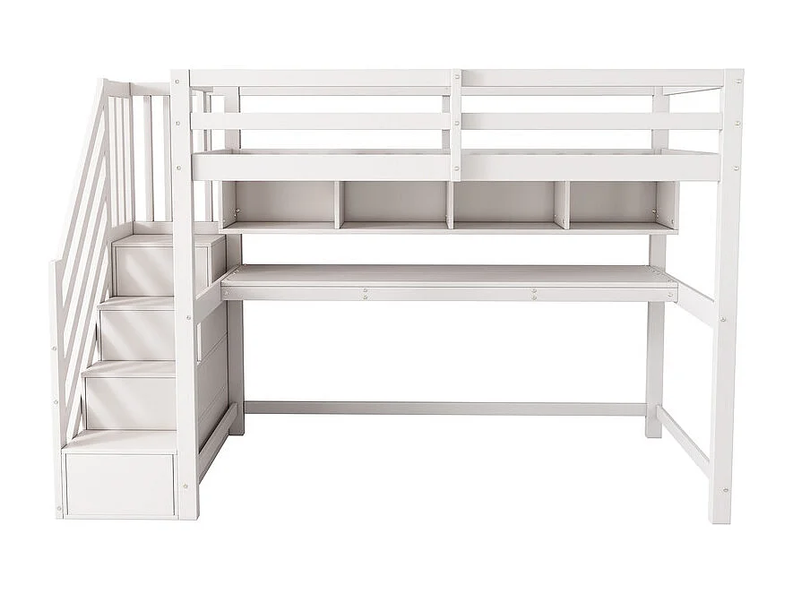 Lit mezzanine 90x200cm, avec burea et escalier de rangement, en bois de pin, charge max 100kg, Blanc