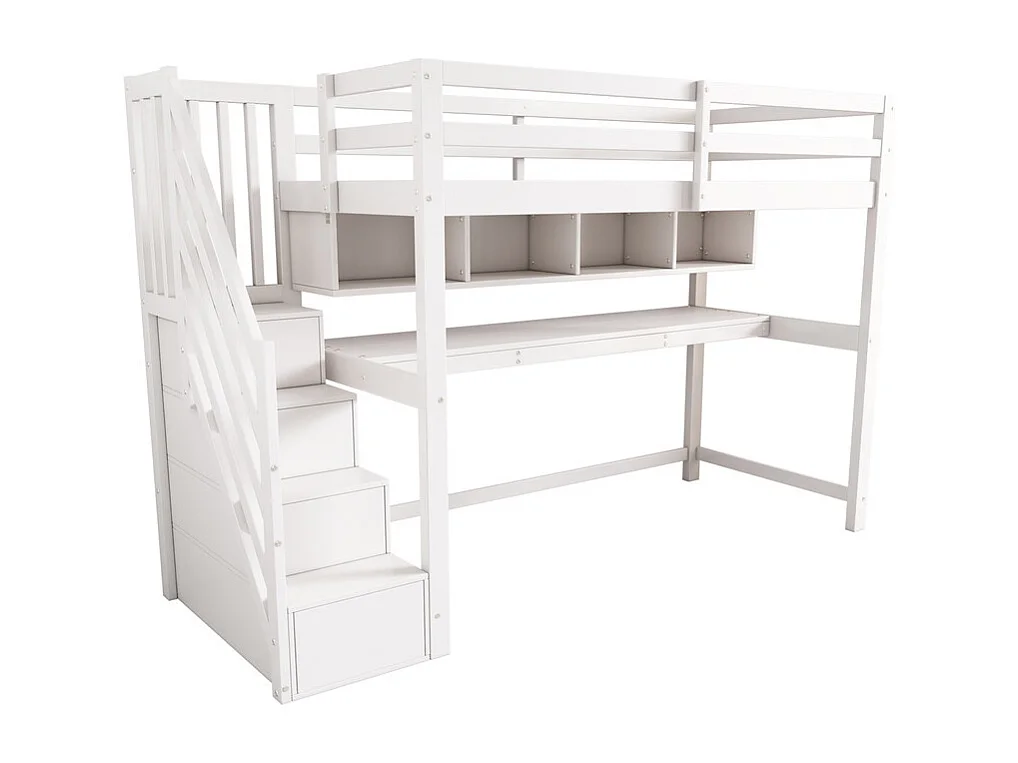 Lit mezzanine 90x200cm, avec burea et escalier de rangement, en bois de pin, charge max 100kg, Blanc