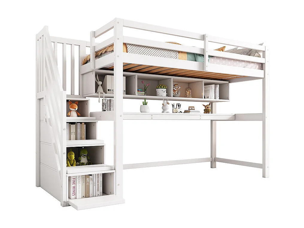 Lit mezzanine 90x200cm, avec burea et escalier de rangement, en bois de pin, charge max 100kg, Blanc