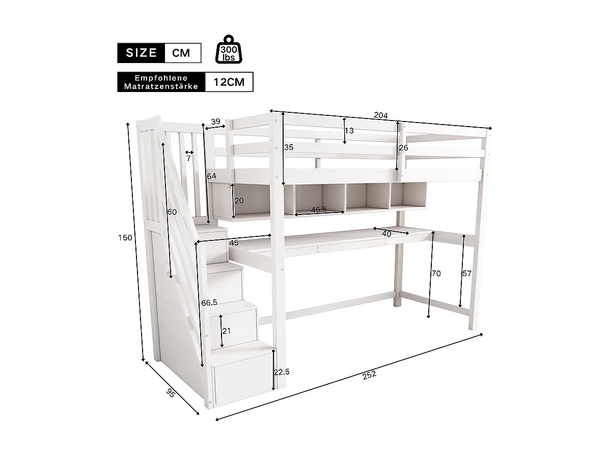 Lit mezzanine 90x200cm, avec burea et escalier de rangement, en bois de pin, charge max 100kg, Blanc