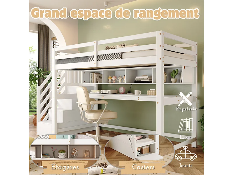 Lit mezzanine 90x200cm, avec burea et escalier de rangement, en bois de pin, charge max 100kg, Blanc