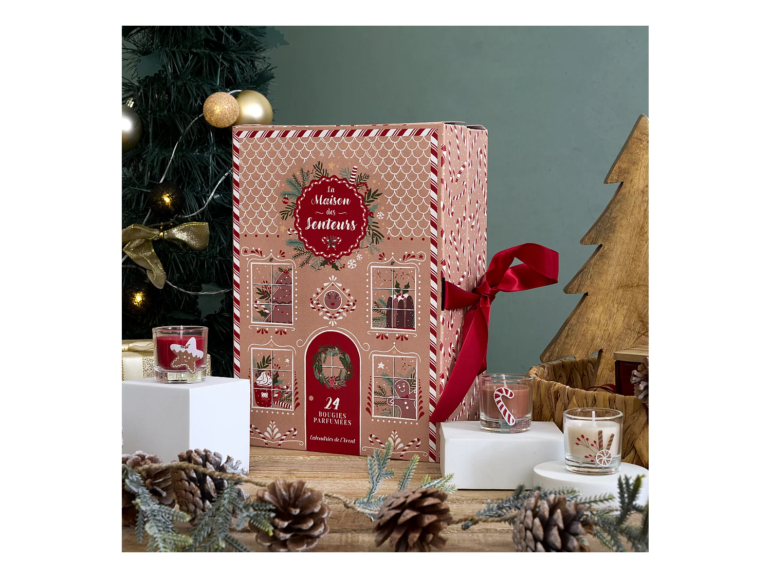 Calendrier Bougie Parfumee X24 Noel Gingerbread Marron, Rouge