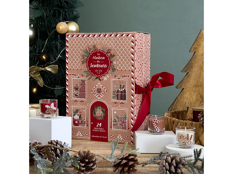 Calendrier Bougie Parfumee X24 Noel Gingerbread Marron, Rouge