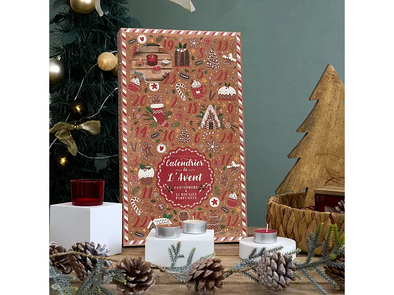 Calendrier Photophore Bougie Parfume Gingerbread Marron, Rouge
