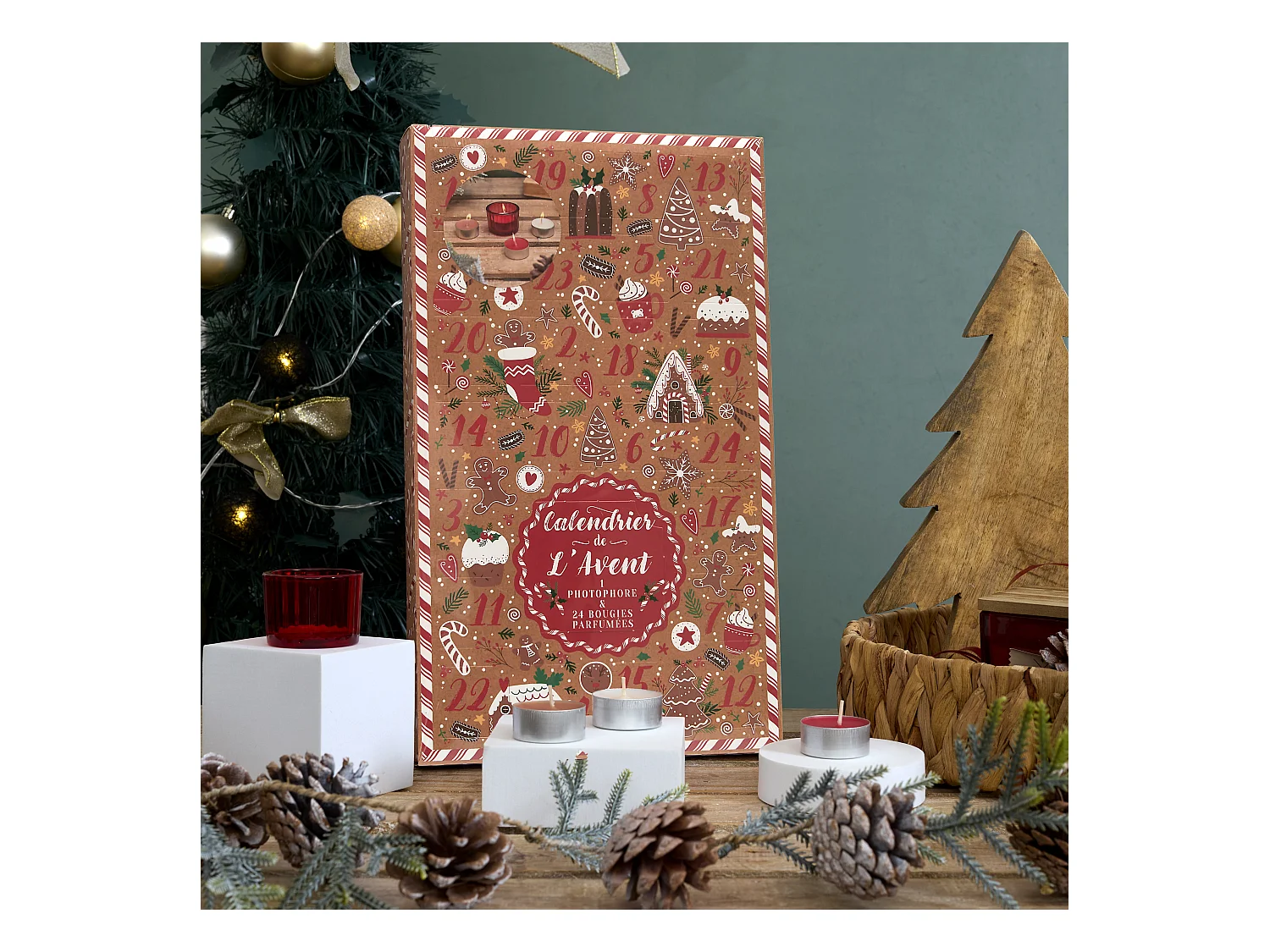Calendrier Photophore Bougie Parfume Gingerbread Marron, Rouge