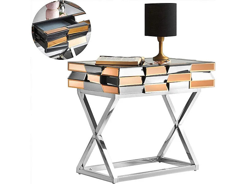 Table De Chevet En Verre Miroir 3d - Couleurs - Or / Miroir