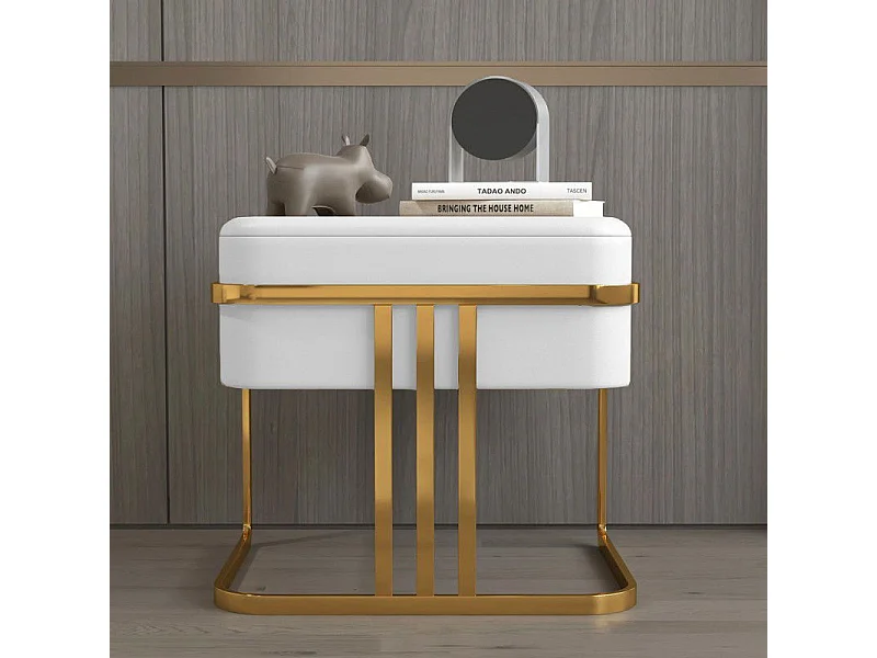 Table De Chevet Moderne Avec Un Tiroir, Cuir Pu, Pieds Dorés Mobu - Couleurs - Pu Blanc