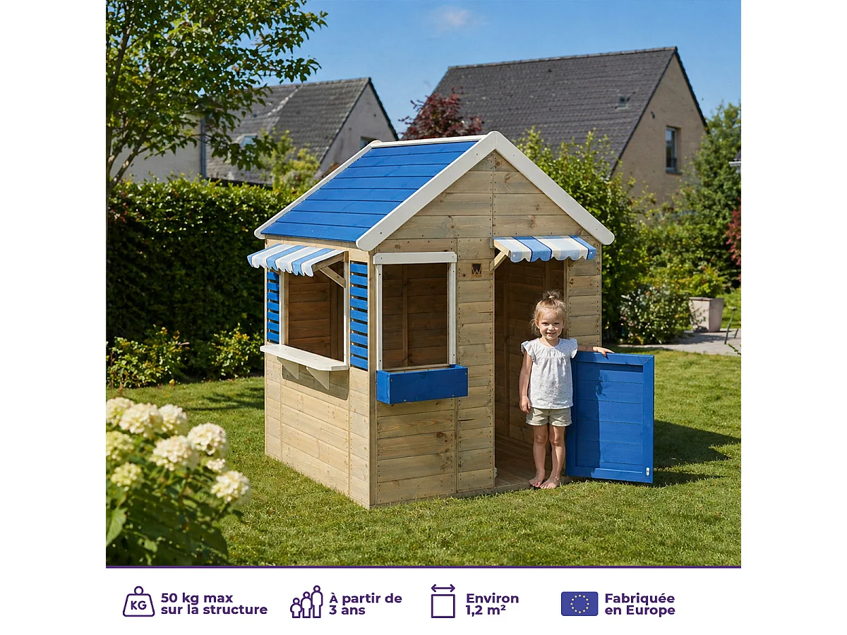 Kangui - Maisonnette jardin enfant extérieur FLOWI - Cabane en Bois avec plancher - Toit étanche - Bleu et Blanc