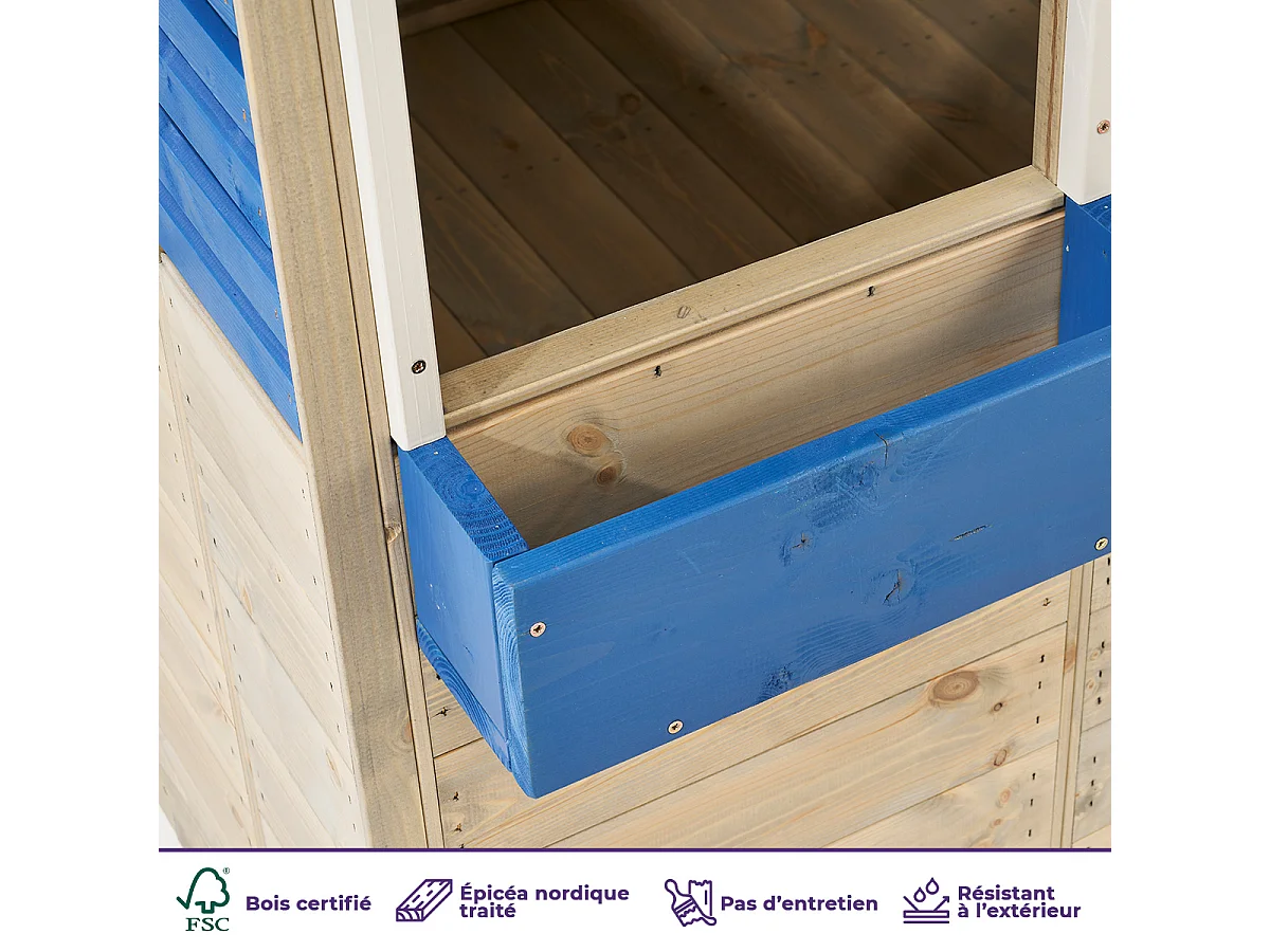 Kangui - Maisonnette jardin enfant extérieur FLOWI - Cabane en Bois avec plancher - Toit étanche - Bleu et Blanc