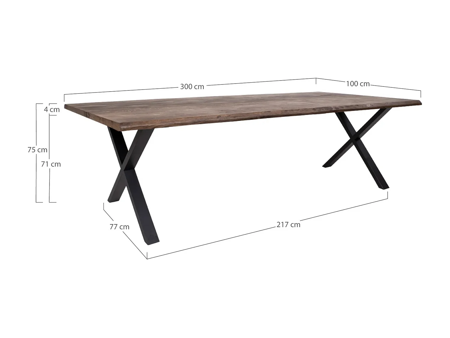 Table à manger industrielle TOULON – Chêne massif & acier noir, design avec bord ondulé-Marron-Largeur 300 cm
