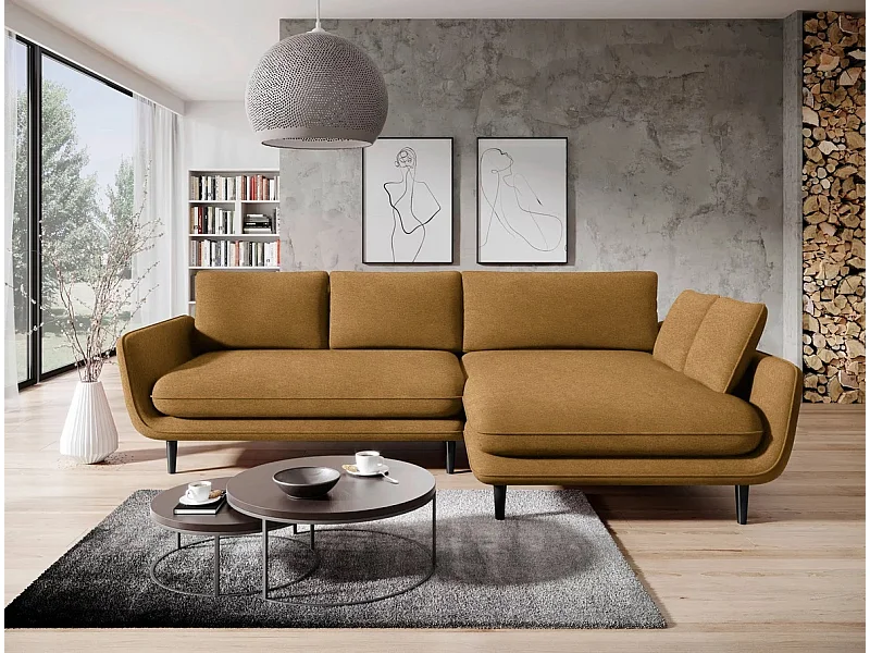 Ecksofa SOLANO mit Bettfunktion - Elegantes skandinavisches Sofa 260x167 cm, Bettkasten und Füße aus Holz, Farbe braun, Rechts
