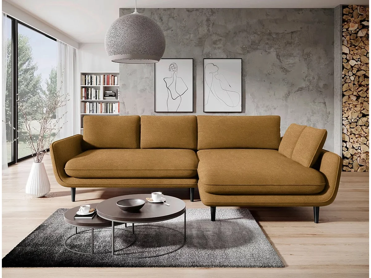 Ecksofa SOLANO mit Bettfunktion - Elegantes skandinavisches Sofa 260x167 cm, Bettkasten und Füße aus Holz, Farbe braun, Rechts