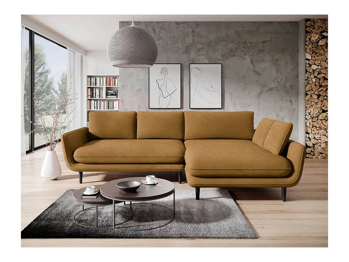 Canapé d'angle SOLANO avec fonction lit – Canapé scandinave élégant 260x167 cm, Coffre de lit et pieds en bois, Couleur brune, Droit