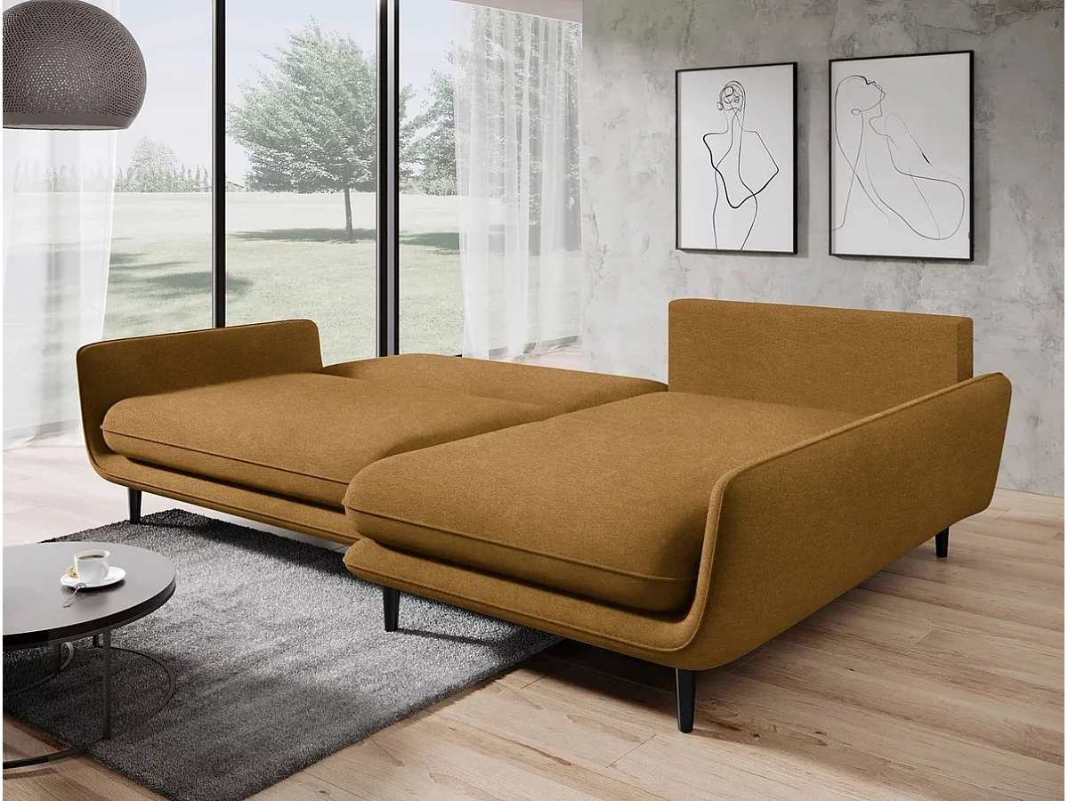 SOLANO narożnik z funkcją spania - Elegancka sofa skandynawska 260x167 cm, Drewniana skrzynia i nóżki, Kolor ciemny brąz, Prawa