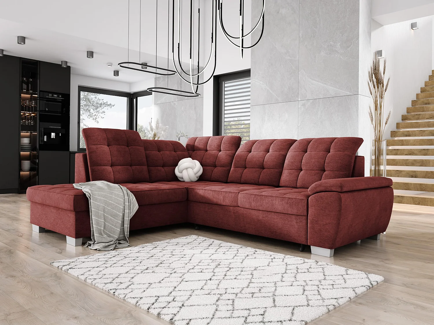 Hoekbank LOTTA, 258x212cm, met slaapfunctie en hoogwaardige bekleding - ideaal voor kleine en grote ruimtes, links, BOURGOGNE