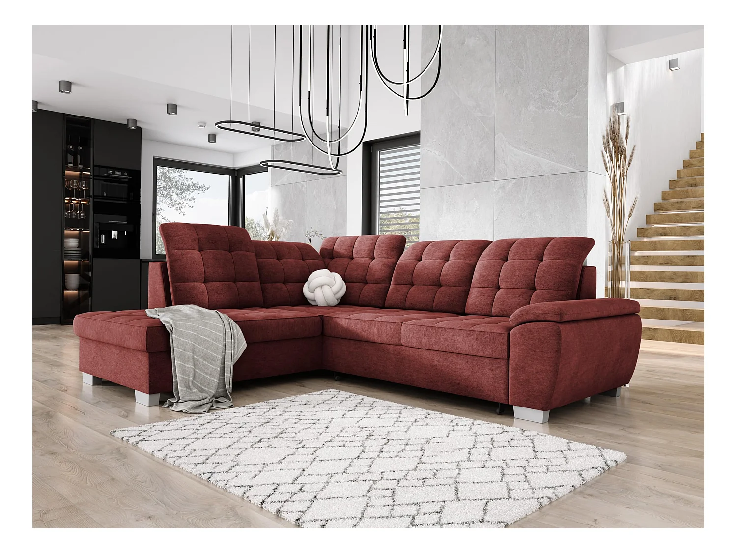 Canapé d'angle LOTTA, 258x212cm, avec fonction de couchage et revêtement de haute qualité - idéal pour petites et grandes pièces, à gauche, BOURGOGNE