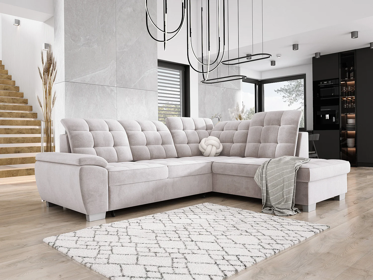 Canapé d'angle LOTTA en tissu SALVADOR, convertible, coffre spacieux, design élégant, 258x212 cm, angle droit, GRIS CLAIR