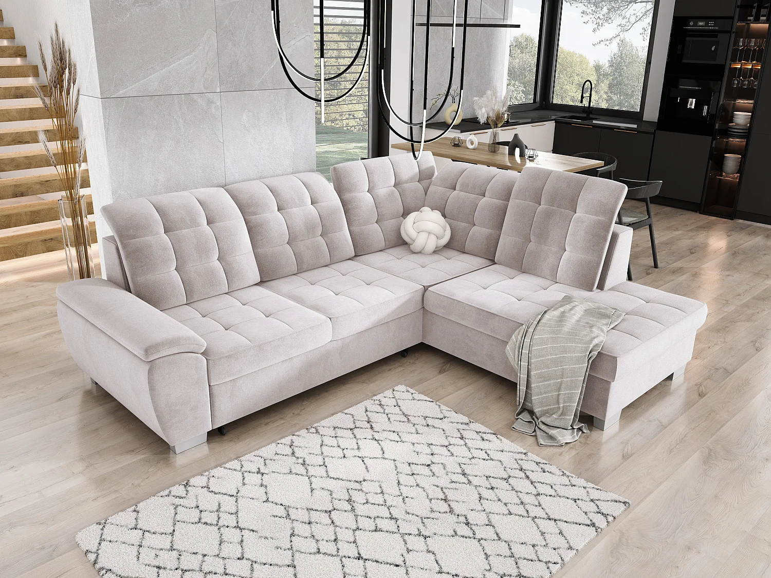 Canapé d'angle LOTTA en tissu SALVADOR, convertible, coffre spacieux, design élégant, 258x212 cm, angle droit, GRIS CLAIR