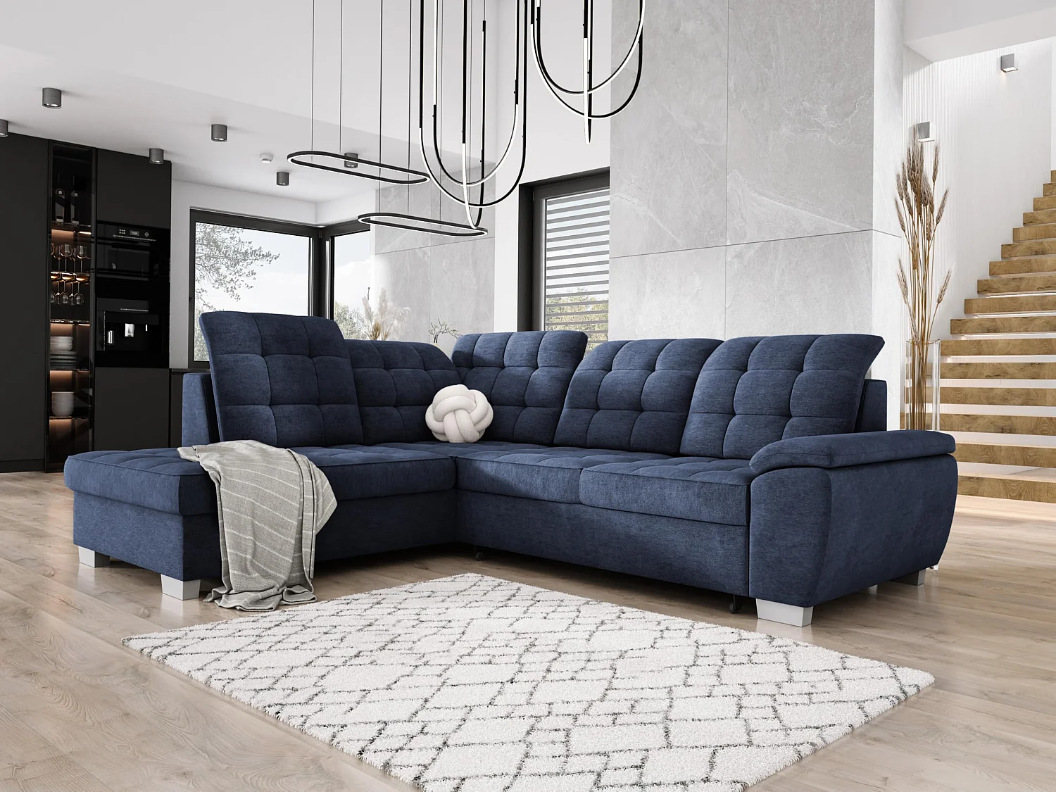 Narożnik LOTTA, 258x212cm, z funkcją spania i wysokiej jakości tapicerką – idealny do małych i dużych pomieszczeń, układ lewy, kolor: NIEBIESKI