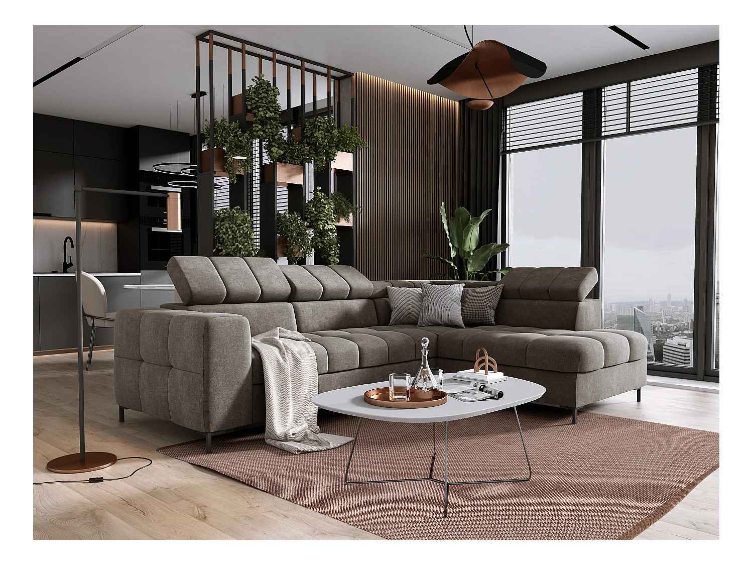 Canapé d'Angle PABLOS avec Têtière Réglable 279x201cm | Couchage & Rangement, Taupe Vogue, Droit