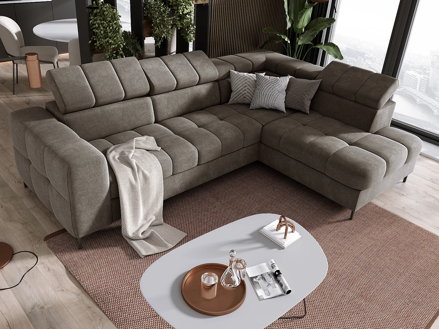 Narożnik PABLOS z regulowanym zagłówkiem 279x201cm | Spanie i schowek, Taupe Vogue, prawy